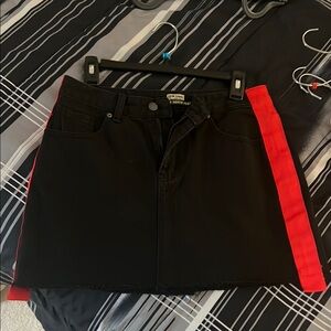 Flower Black and Red denim Jean skirt red stripes down side sexy mini pockets